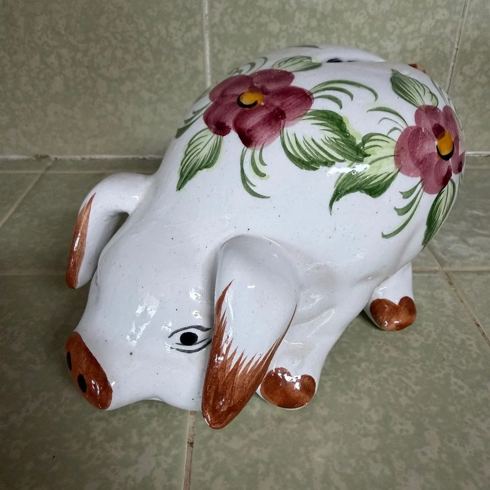 Vintage Hand Painted Ceramic Piggy Bank Floral White Pink Brown 1989 Retro Decor
